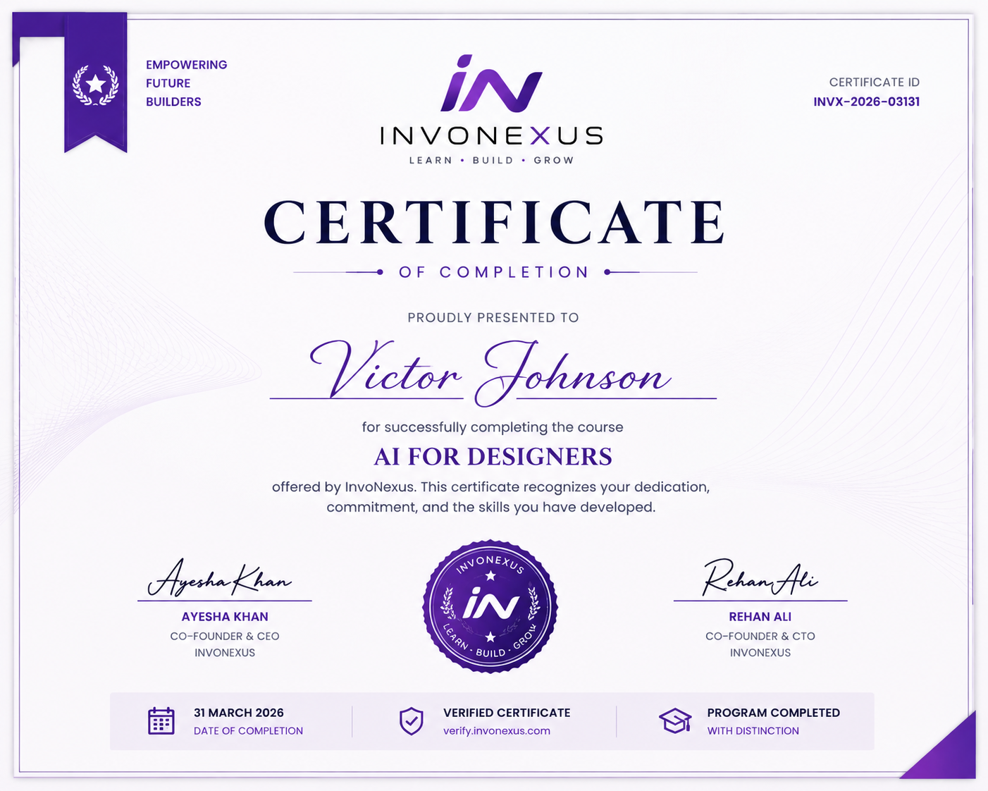 InvoNexus certificate of completion sample