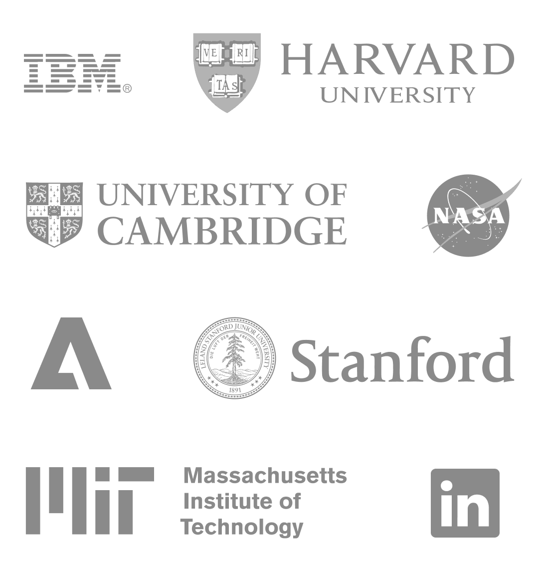 Partner institutions including IBM, Harvard, Cambridge, NASA, Adobe, and Stanford